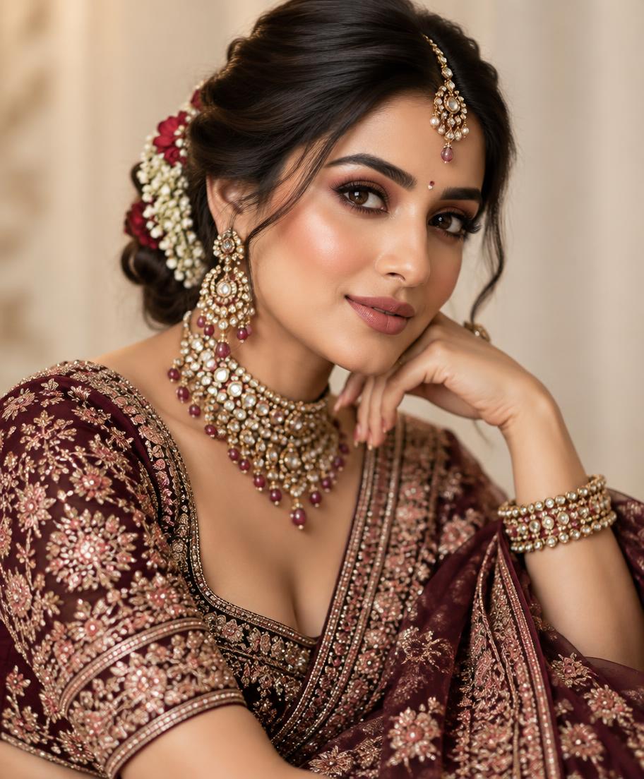 Indian bride in traditional jewellery with HIGHLIGHT bridal makeup